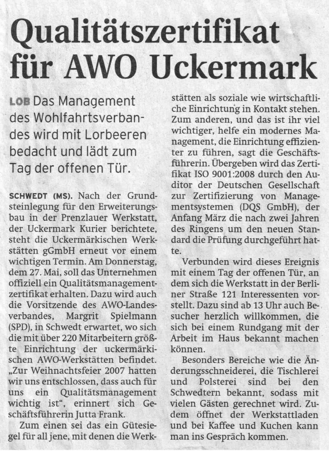 Prenzlauer Zeitung - Qualitätszertifikat für AWO Uckermark [JPG]